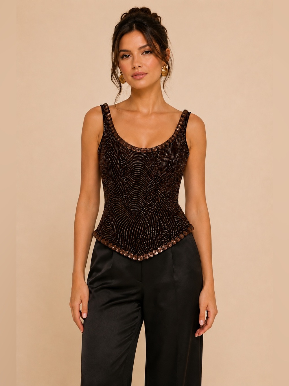 Lillie Rubin Brown Beaded Scoop Neck Corset Top